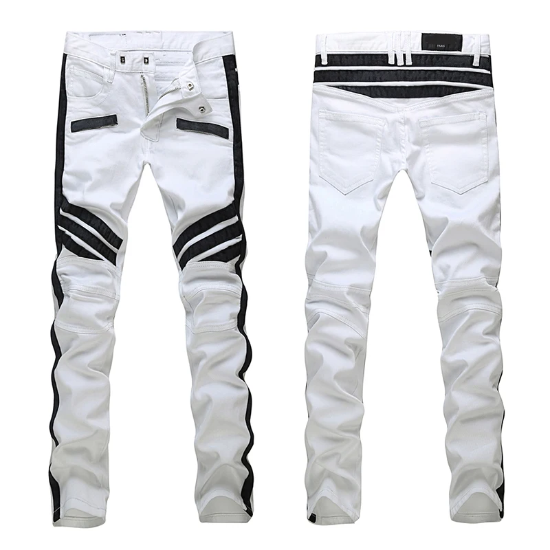 NEW Men France Style Distressed Motorcycle Pants Black Striped Slim ...