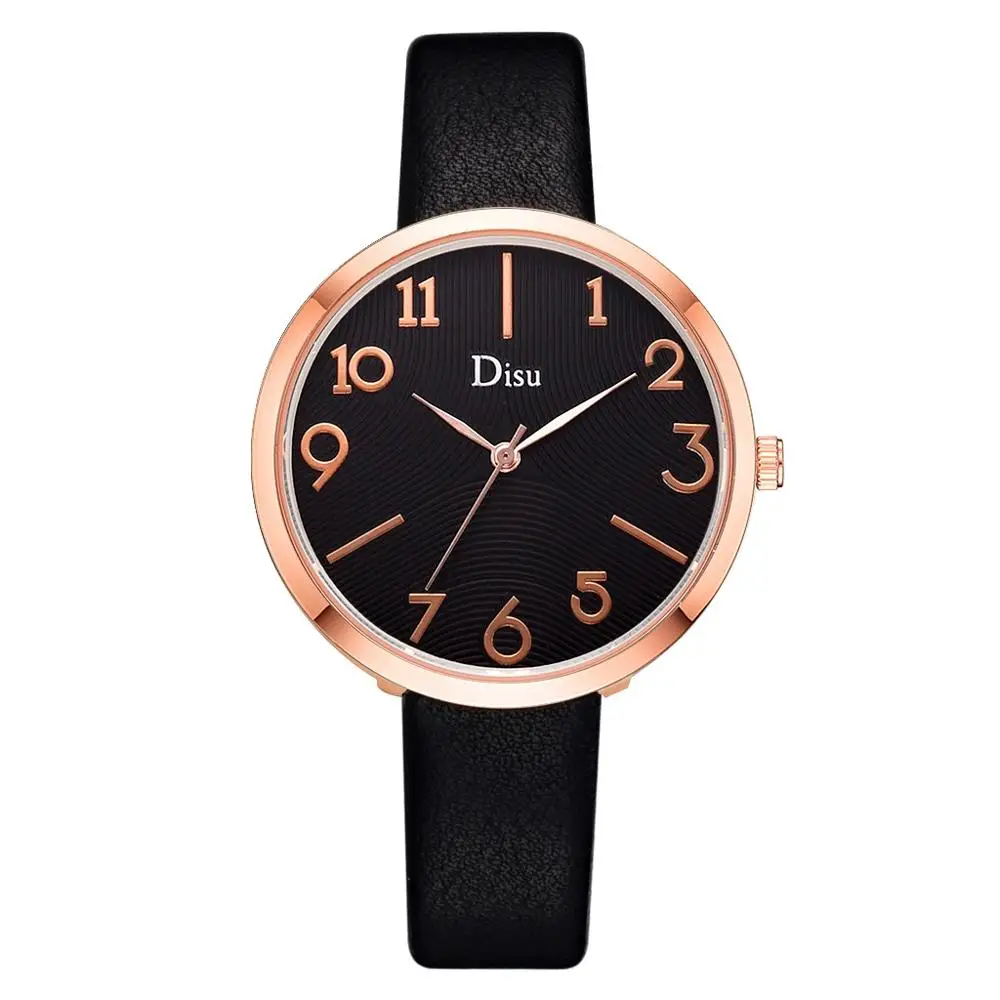 Disu Women's Watches Luxury Fashion Lady Leather Belt Watch Creative Number Analog Quartz Watch Montre femme Simple Clock - Цвет: Черный