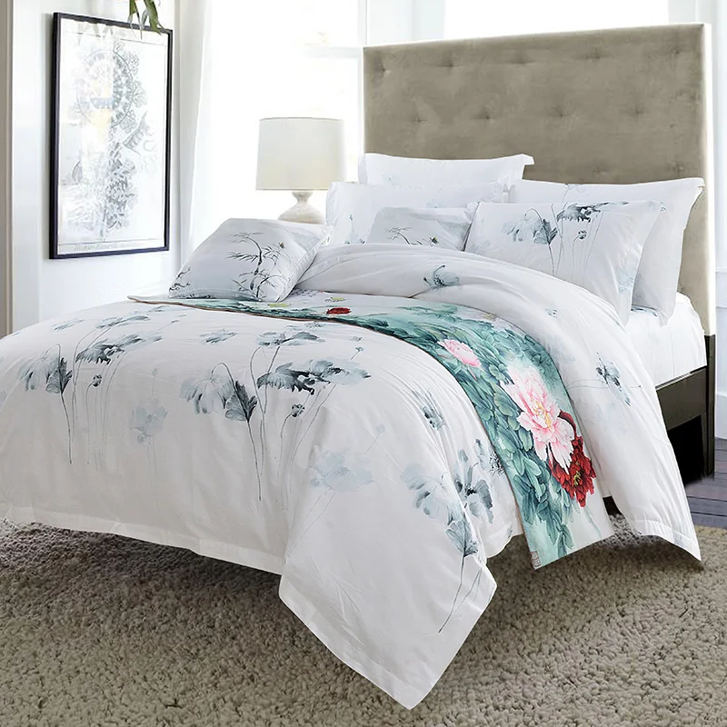 pastoral lotus print hotel style bedding sets 4PC( duvet cover flat