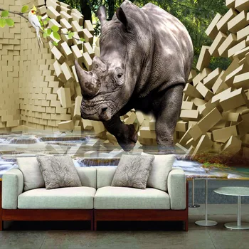 

Custom Large Mural Wall Paper 3D Stereo Rhino Broken Wall TV Background Photo Wallpaper Living Room Bedroom Non-woven Wallpaper