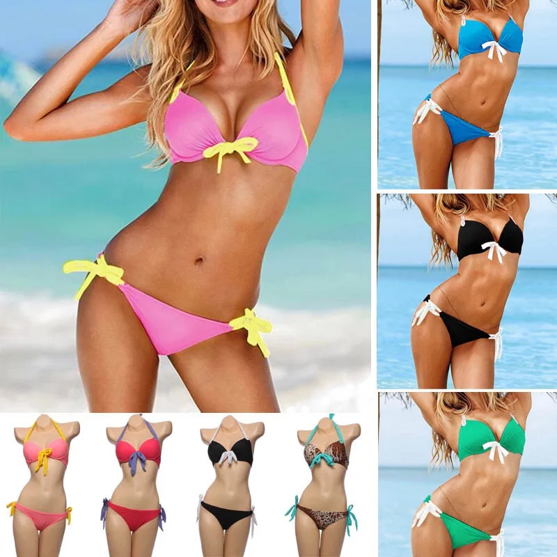 Cheap Women's Sexy cheeky Push UP Solid halter Beachwear bath Bikinis