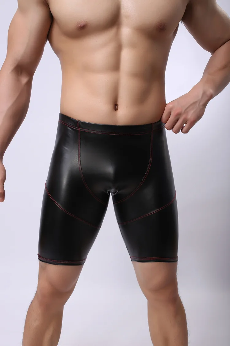 Мужские брюки для фитнеса из искусственной кожи, сексуальные мужские шорты из искусственной кожи, боксеры, нижнее белье, мужские трусы для геев, эротическое белье, спортивная одежда