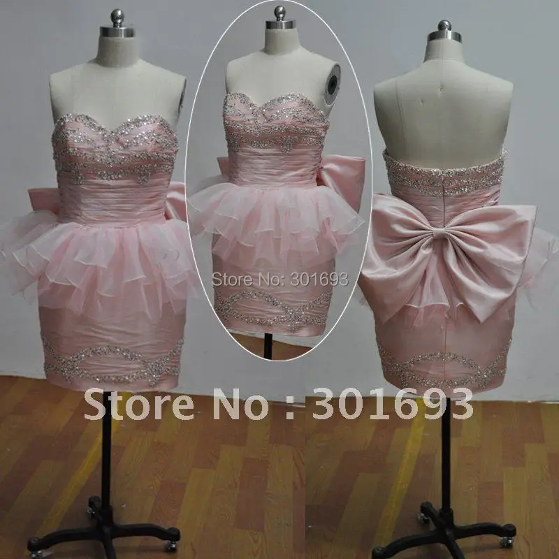 Real Sample ORC83 Crystal Beaded Big Bow Pink Short Mini Party Cocktail
