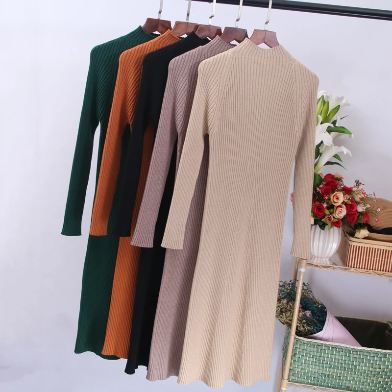 ONLYSVTER Women Autumn Winter Sweater Knitted Dress Thick Warm Knee-length Dress Rib Slim Female Dress