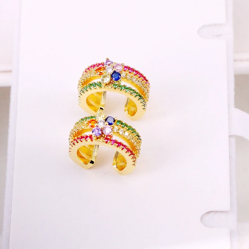 

3Pairs, Metal Filled Colorful Zirconia CZ Micro Ear Cuff Pave Crystal Rainbow Earclip Clip Earring Women Jewelry