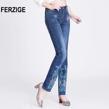 FERZIGE Джинсы женские средней талии вышитые брюки светло-голубые полые отверстия Эластичный Классический прямой крой для женщин деним Femme Mujer