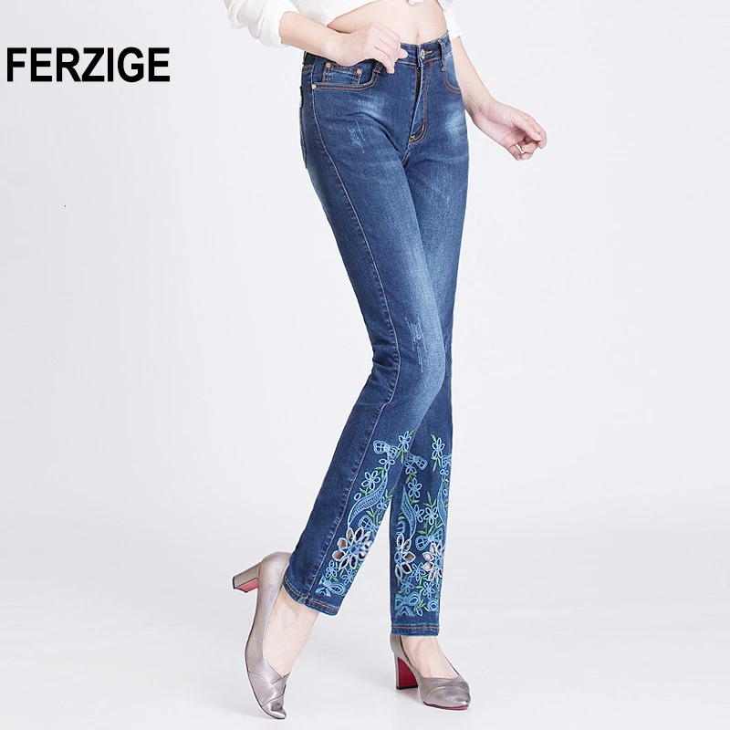 

FERZIGE Jeans Woman Mid Waist Embroidered Pants Light Blue Hollow Out Holes Elastic Straight Slim Fit Women Denim Femme Mujer