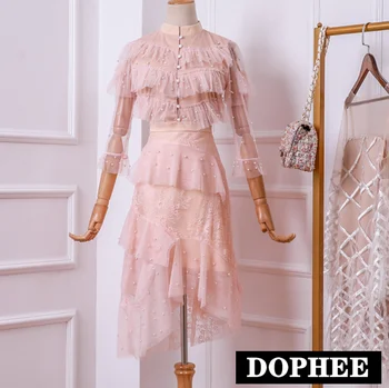 

2019 Women Spring Summer Two-piece Sets Ladies Stand Collar Pearl Beaded Lace Shirt + Irregular Mesh Skirt Sets for Girls