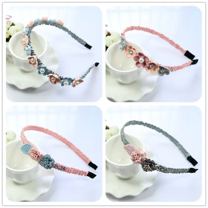 

2019 Korean Flower Headband for Girls Rhinestone Crown Pearl Hairbands Women Girls Hair Accessories Party Handmade Jewelry