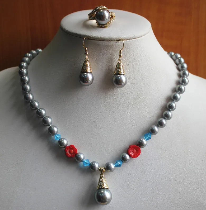 

birthday gift! jewelry set!Wholesale simple Women's black pear mixed red coral flower Necklace earring ring(7/8/9) set #217