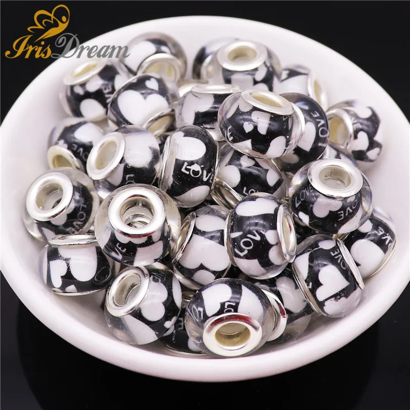 

50Pcs Handmade Love Heart Round Large Hole Rondelle Beads Fit For European Beads Pandora Bracelet Necklace for Jewelry Making