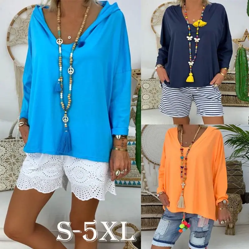 

2019 Autumn Women Plus Size Hooded Tops Solid Color Loose V-neck Long Sleeve Casual Blouse