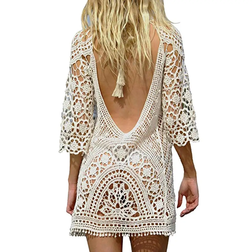

Women Casual O Neck Floral See Through Low Spring, Summer, Fall Back Drawstring Mini Cover Up Casual, Beach