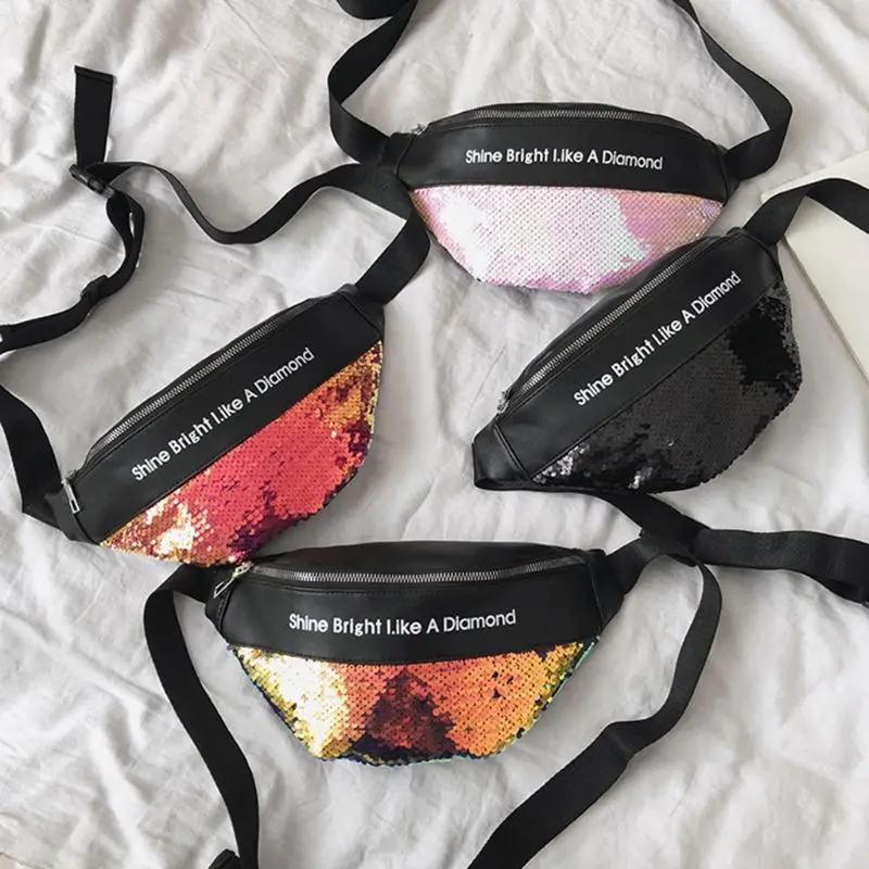 THINKTHENDO Good Quality New PU Leather Women Sequins Fanny Pack with Letter Printed Fashion Waist Pack Chest Bag