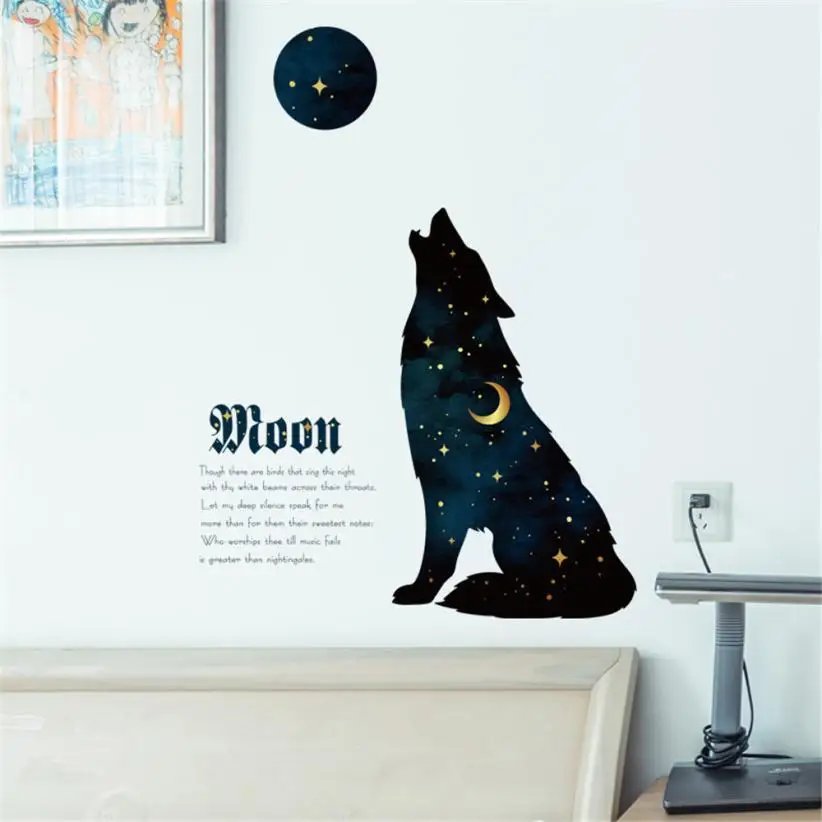 DIY мультфильм Starry Night Wolf Съемный Наклейка на стену Семья дома Стикеры A3