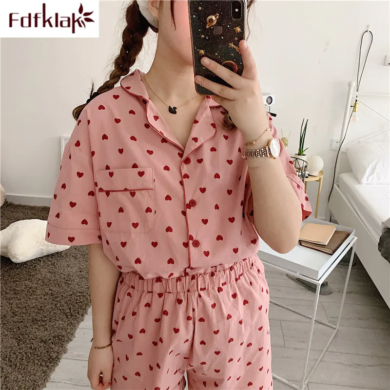 

Fdfklak Sweet summer pajamas women short sleeve girl's sleepwear home clothes cotton shorts ladies pijama new pyjama femme 2019