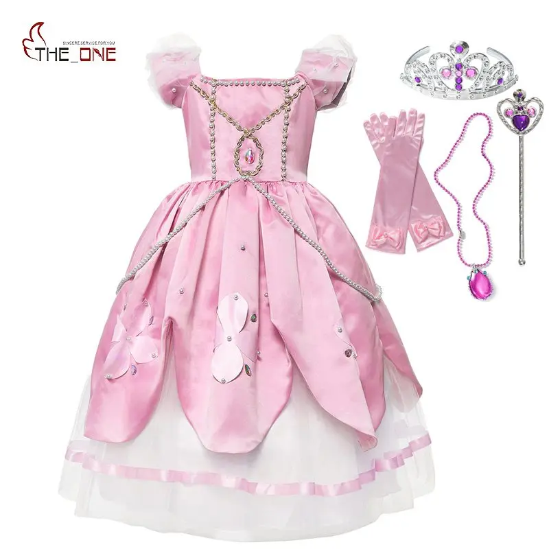 

MUABABY Summer Girls Deluxe Princess Party Dress Puff Sleeve Sofia Cosplay Costume Children Layered Sophia Ball Gown Clothing