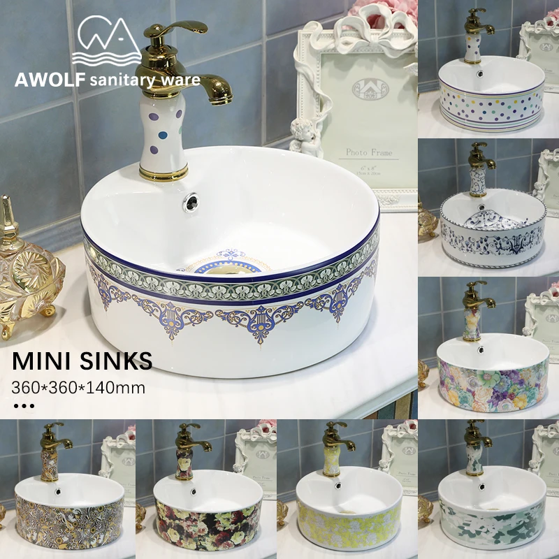 

Bathroom Sinks Mini Size Ceramic Vessel 36*36*14cm Lavatory Sink Washing Basin Pastoral Style For Bathroom Or Balcony Use AM831