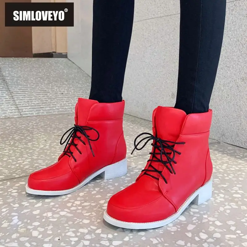 

SIMLOVEYO Ankle boots for women Round toe Low heel Leather Lace up Casual Booties mujer large size 46 Black Grey Winter B1461