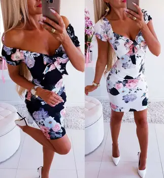 

Women Bandage Bodycon Casual Short Sleeve Evening Party Club Boho Floral Mini Dress Sundress US