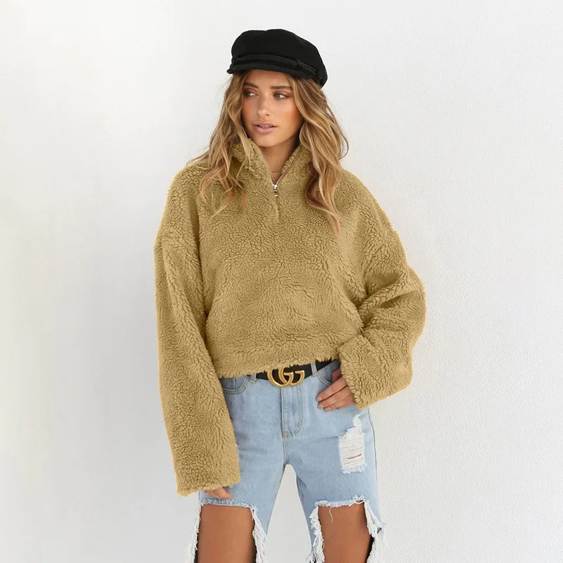 

Women Faux Lamb Hair Zipper High Neck Pullover Sweatshirt Coat 2019 Ladies Trendy Autumn Winter Outerwear