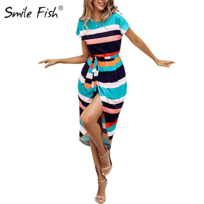 

Streetwear Fashion Printed Women Dresses Short Sleeve O-neck Irregular Asymmetrical Midi Dress Sashes Summer Sundress Robe GV455
