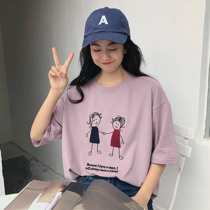 

Funny Kawaii T Shirt Women Korean Style Cartoon Letters Embroidery Purple Top Summer O Neck Cute Harajuku White Camiseta Mujer