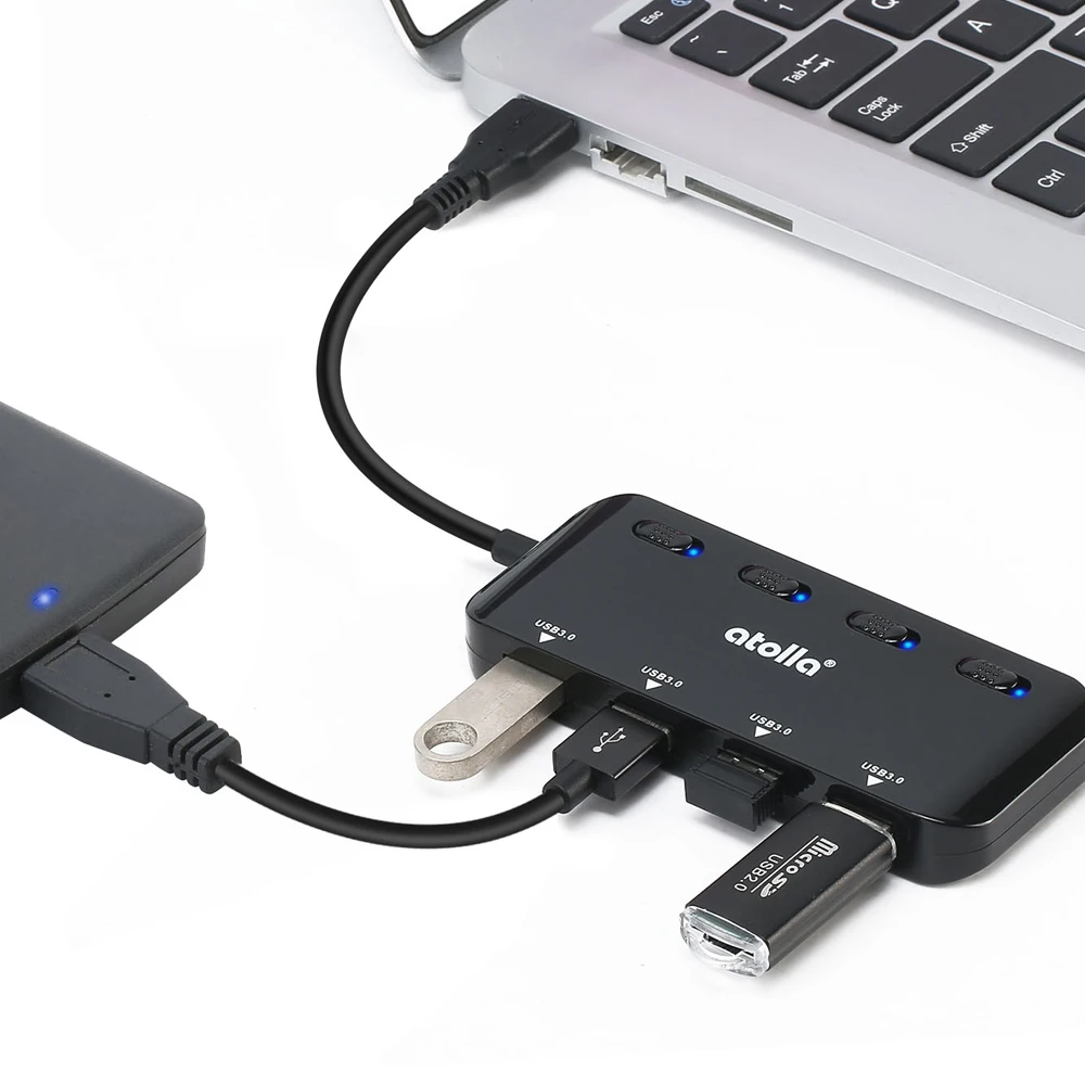 Atolla usb 3,0 концентратор 4 порта-Ультратонкий USB 3,0 концентратор данных с индивидуальными переключателями включения/выключения и светодиодами USB 3,0 удлинитель