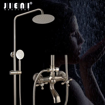 

JIENI 8 Inch Nickel Brushed Wall Mount Shower Faucet Mixer Tap 3 FunctionS Rain Shower Head Handheld Spray Bathroom Shower Set