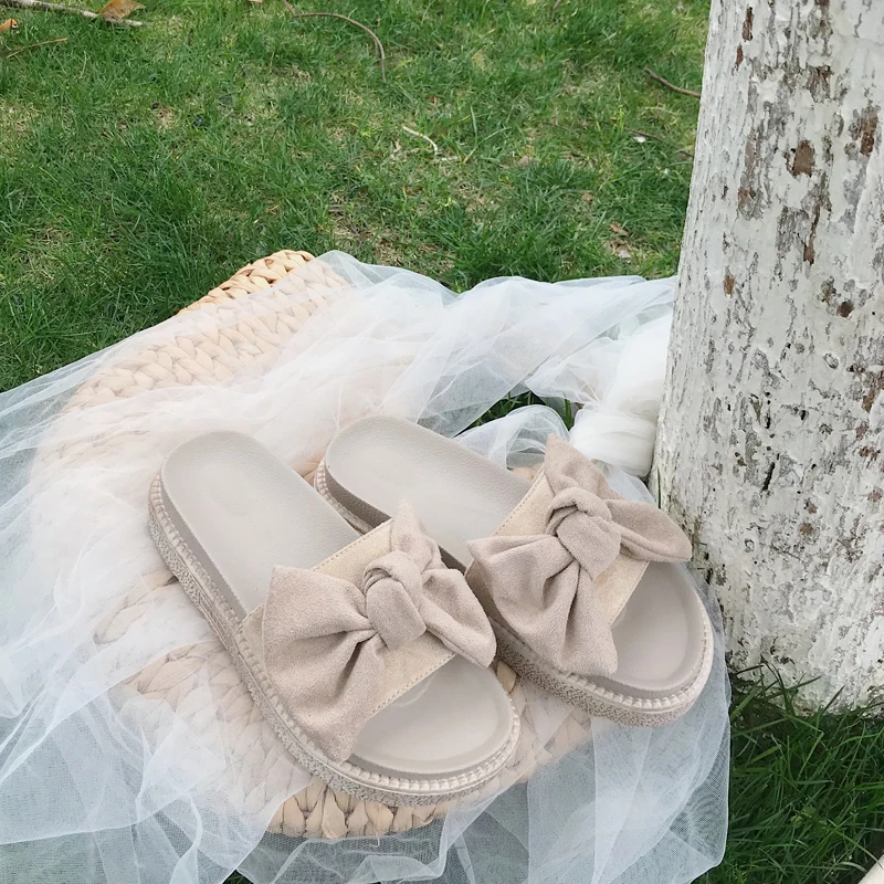 

Summer fashion flat-bottomed word to wear thick-soled sandals bow suede small fresh sandals women
