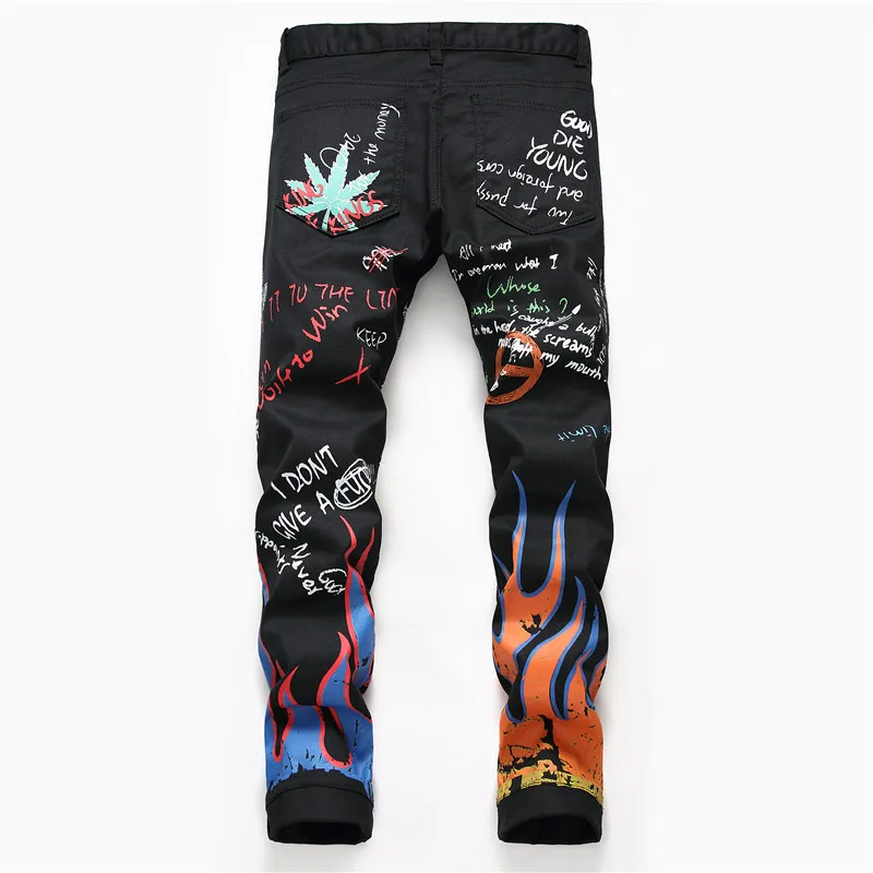 Sokotoo Men's fashion letters flame black printed jeans Slim straight colored painted stretch pants