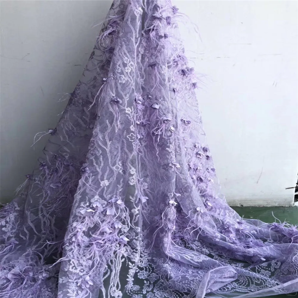 5 yard purple 3D lace fabric with Ostrich feather, nude heavy bead lace fabric for haute couture dress, hand beaded lace F58-1