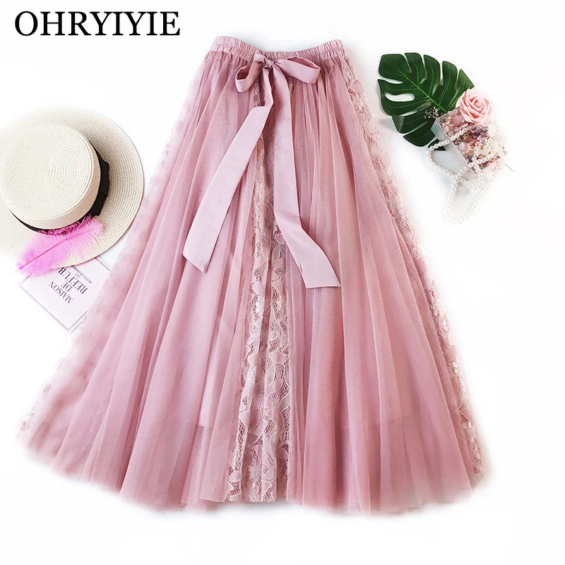 

OHRYIYIE Lace Tulle Skirt Women 2019 Spring Summer Elastic High Waist Tulle Mesh Skirt Long Pleated Tutu Skirt Jupe Longue Femme