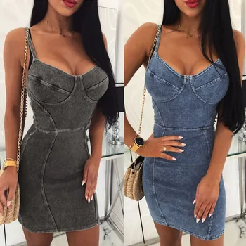 

Hirigin Fashion Women Summer Bodycon High Waist Backless Sexy Denim Look Holiday Dress Ladies Party Mini Sling Dress
