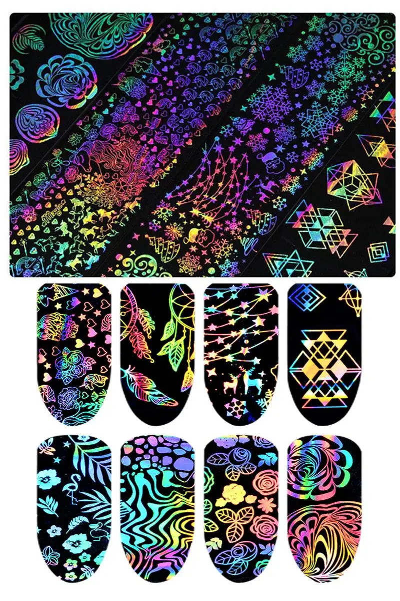 8 Boxes Unicorn Holographic Nail Foil Sticker Dreamcatcher Geometric Holo Nail Art Transfer