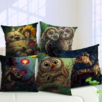 

Forest Owl Pillow Cover Cotton Linen Cartoon Pillow Case 45cm*45cm