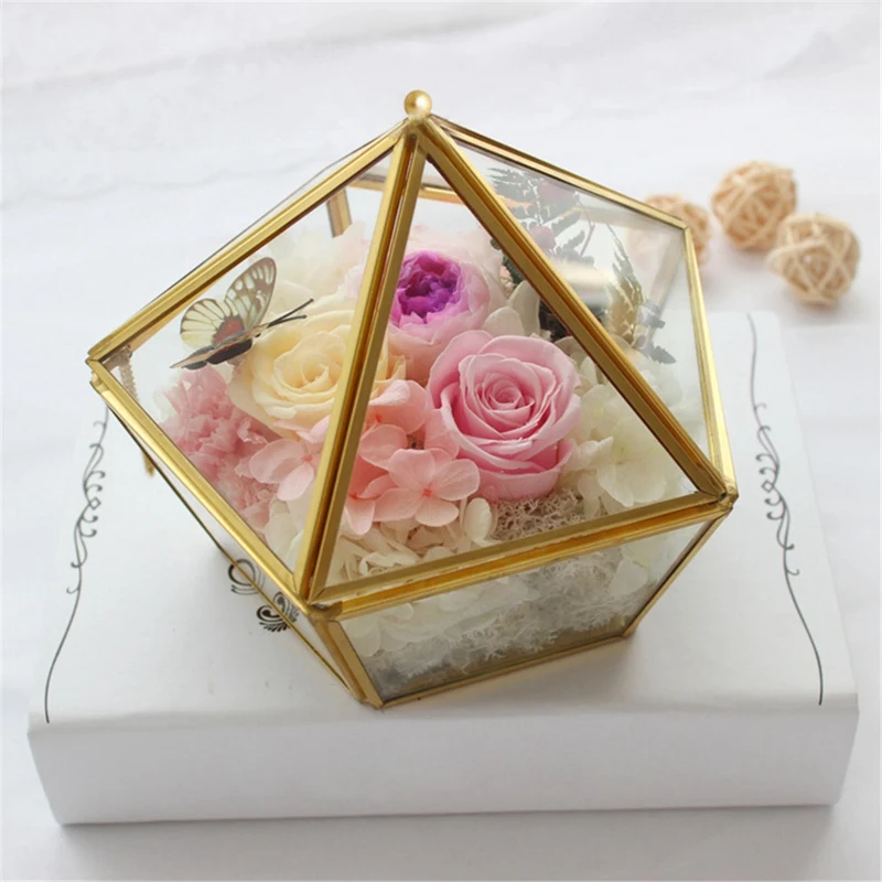 Стеклянная коробка для колец, свадебные ювелирные изделия, чехол с беснастоящим цветком, стеклянная крышка, креативное украшение для дома