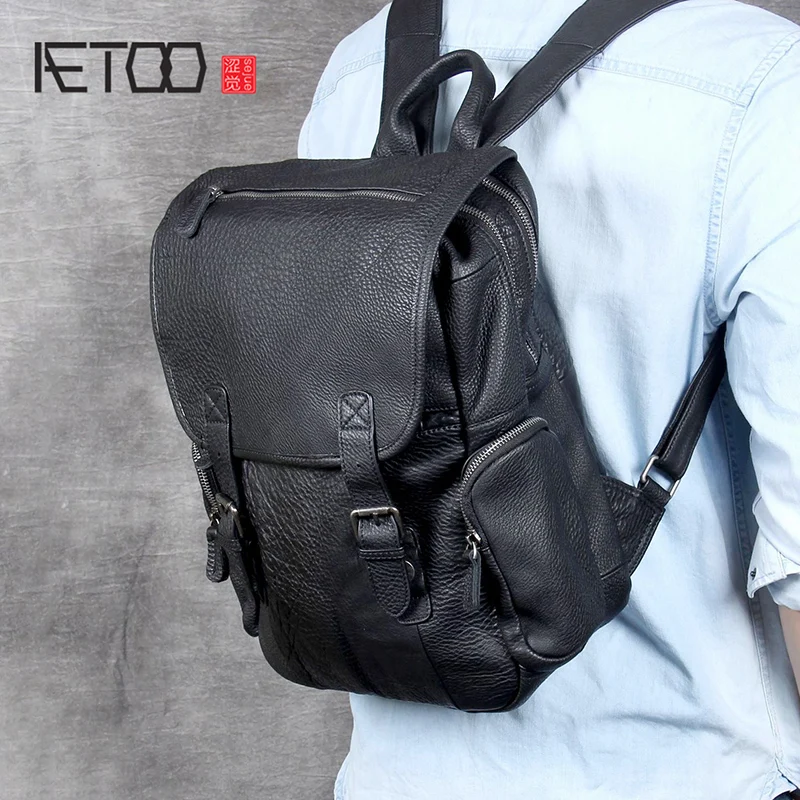 

BJYL Head cowhide Double Shoulder bag male handmade large capacity leather backpack casual bag