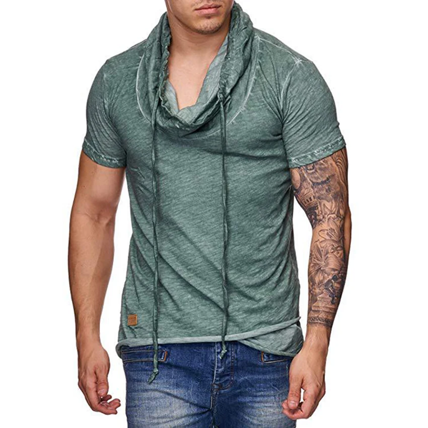 Men's Leisure Fitness Solid Colour Tshirt High-collar Splicing Tops Tee Shirt For Men Spring and Summer Stylish Tshirt Man Cloth