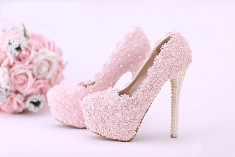 Women Fashion Sweet White red Flower Lace Platform High Heels Pearls rhinestone Wedding Shoes Bride Dress Shoes