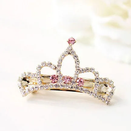 Прозрачный горный хрусталь корона тиара заколки для девочек маленькая принцесса кристалл тиара украшение для волос цветок Девушки заколка для волос - Окраска металла: Gold With Pink Stone