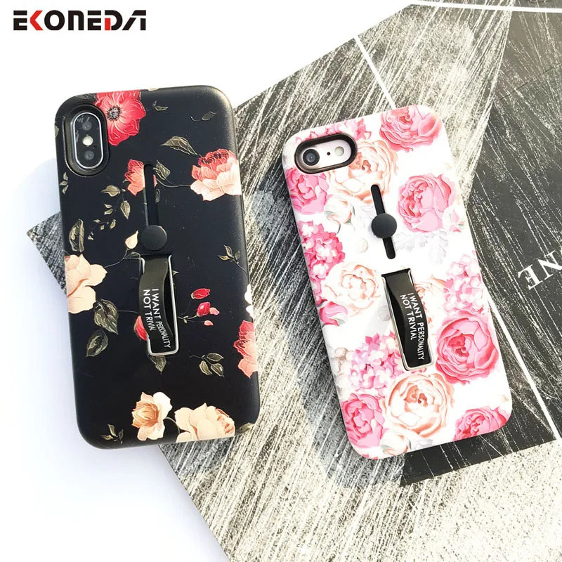 

EKONEDA For iPhone 6 6S 7 8 Plus X Case Relief Floral Finger Ring Holder Protective Phone Case For iPhone 8 Plus