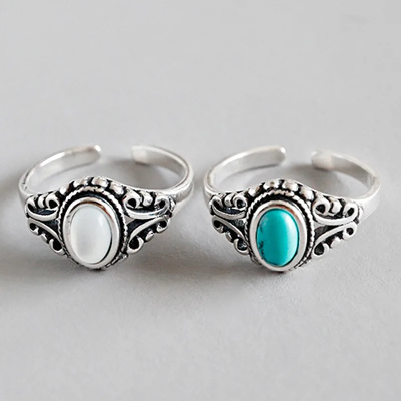 

Retro 1pc 100% Authentic S925 Sterling Silver Fine Jewelry Pattern White Shell Stone/ BlueTurquoise Oval Ring J110