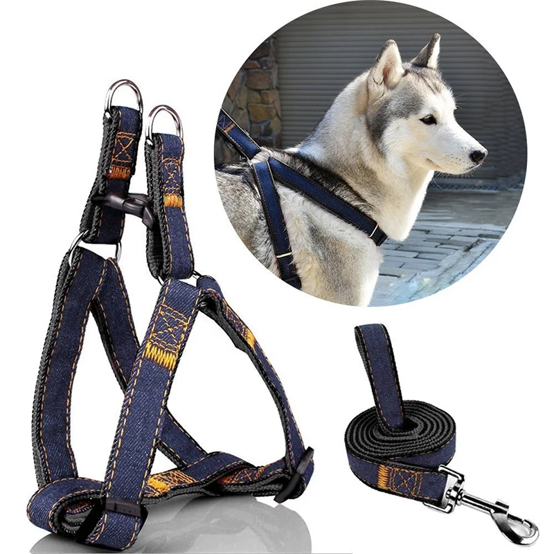 Denim Dog Harness And Leash Set Collar For Dogs Leash Pets Training