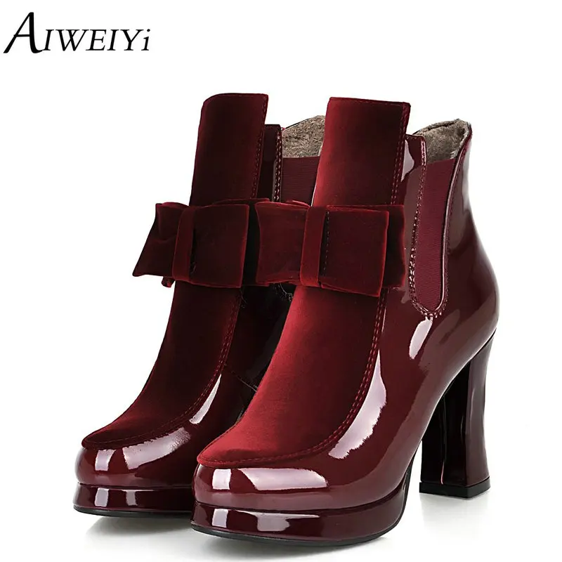 

AIWEIYi Botas Shoes PU Patent Leather Ankle Boots Square High Heels Women Booties Sexy Bowtie Warm Winter Boots Footwear Shoes