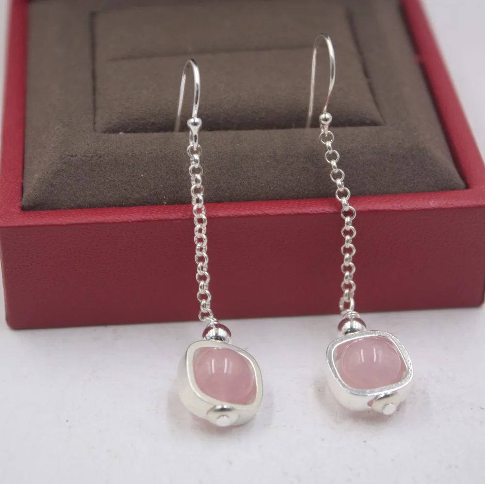 

Pure S925 Silver & Pink Crystal Dangle Earrings Woman's Square Earrings Drop 55mmL
