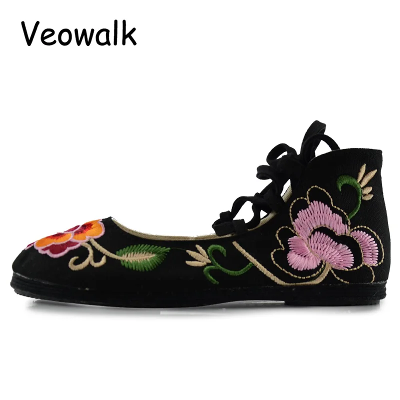 Mujer À Appartements Plate forme Gladiateur Casual noir Beige Ledies Coton Floral Lacets Chaussures rouge De Broderie Zapatos Doux Toile Femmes Mode vqSvT