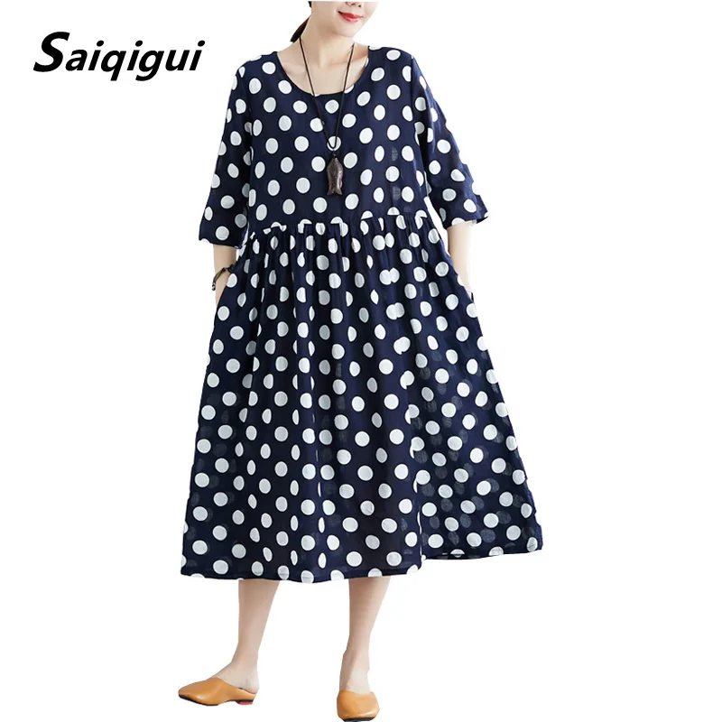 

Saiqigui 2019 spring summer dress elegant large size women dress casual Loose A-Line Dot cotton Linen dress vestidos robe femme