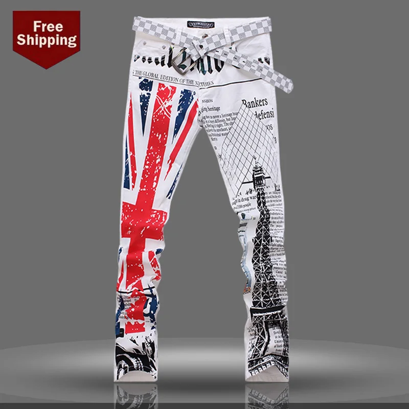 2015 New Jeans,Men British Flag Jeans Pants Colored Print Fashion