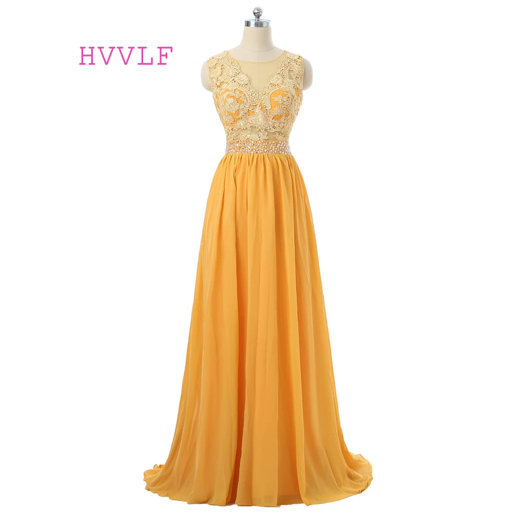 

Gold Evening Dresses 2019 A-line Cap Sleeves Chiffon Beaded Lace See Through Elegant Long Evening Gown Prom Dress Prom Gown